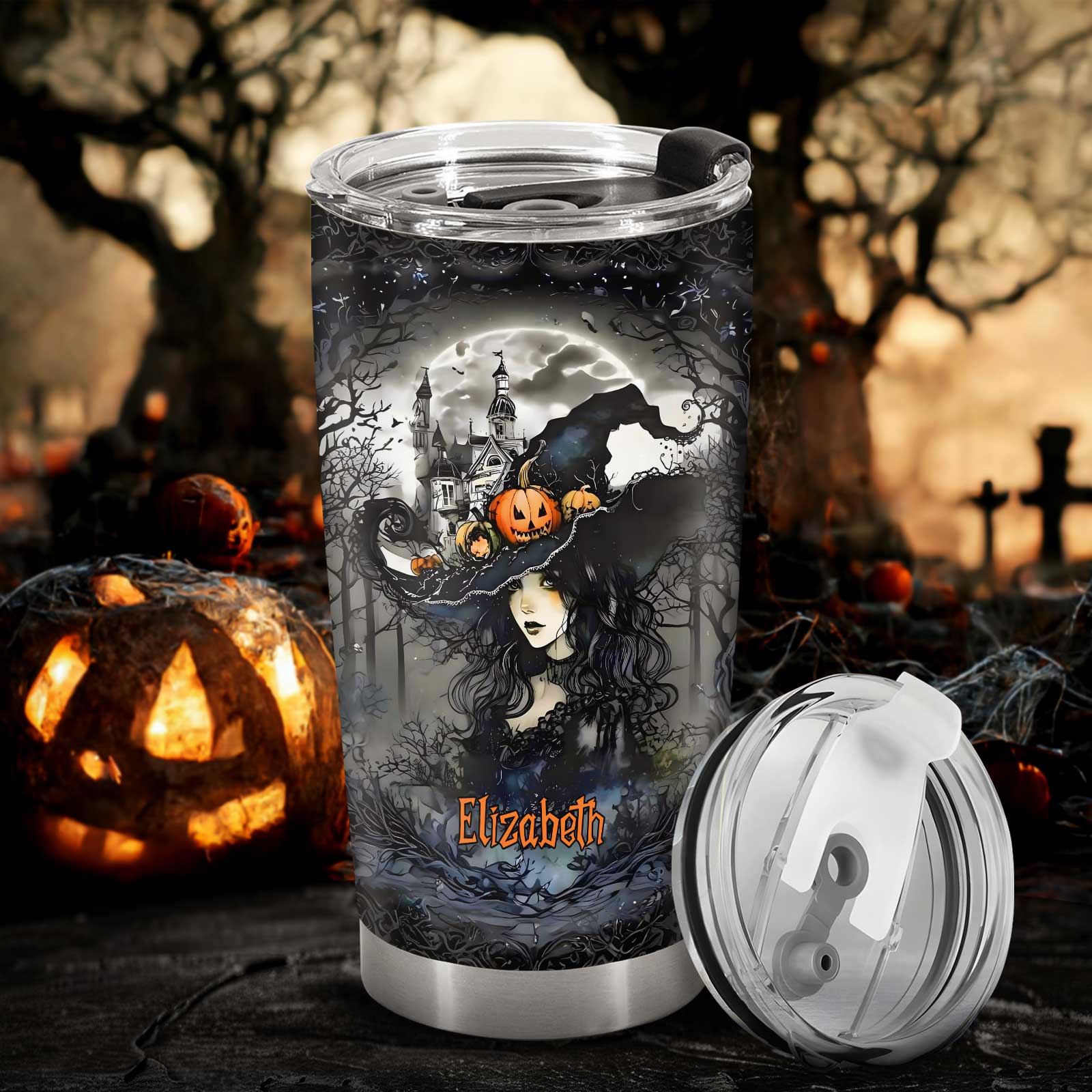 Beautiful witch tumbler with name Elizabeth featuring a spooky Halloween design and pumpkins