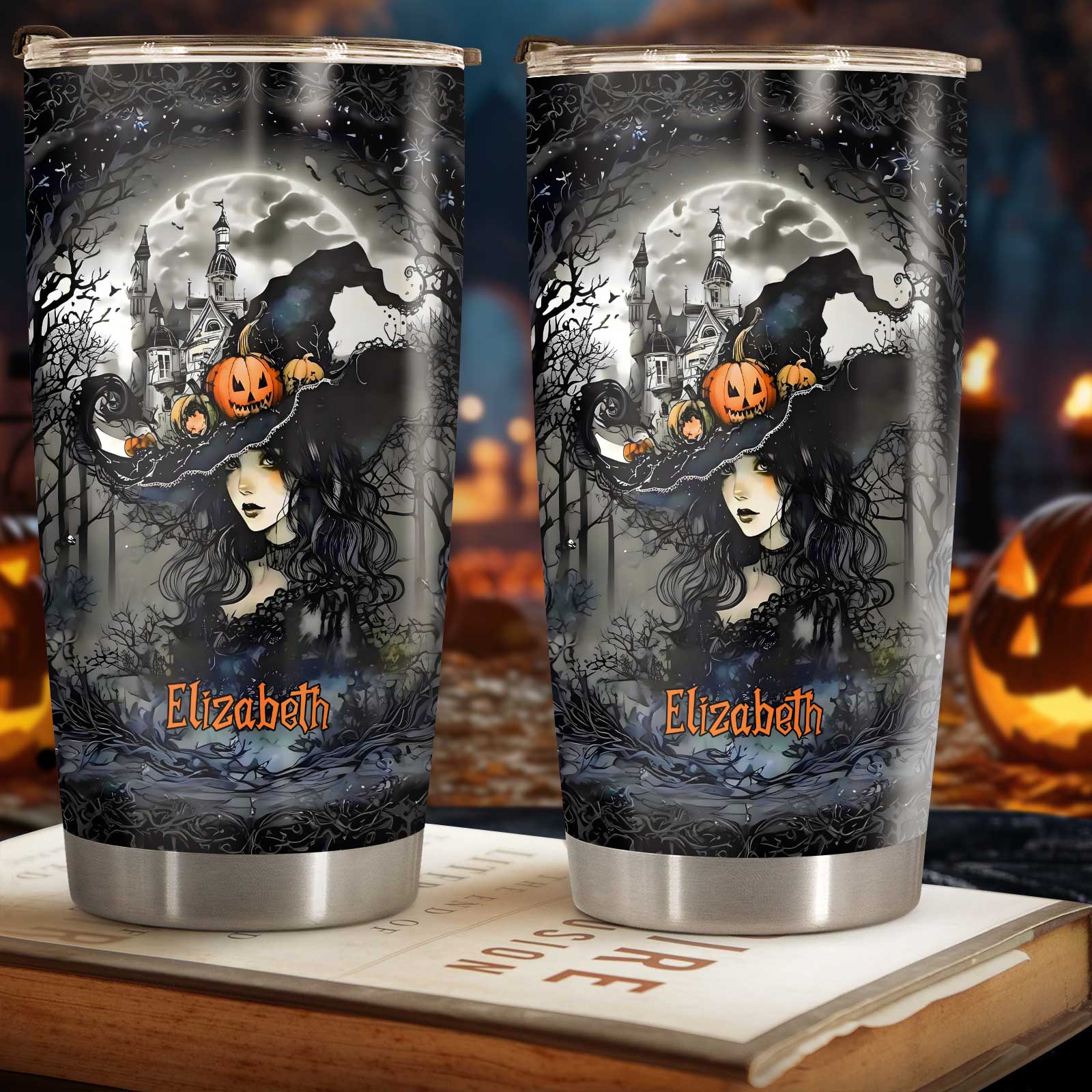 Beautiful witch tumbler with name Elizabeth featuring a spooky witch design with pumpkins and a haunted castle