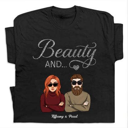 Black beauty and the beard shirt featuring illustrated couple with sunglasses and personalized names Tiffany and Paul