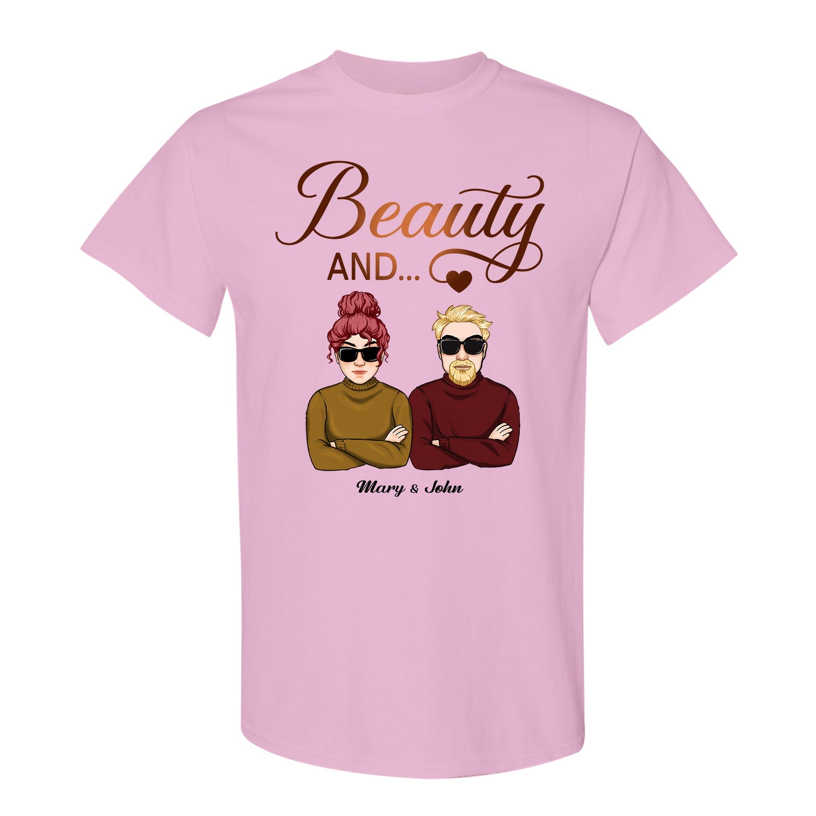 Pink Beauty and the Beard shirt with cartoon couple wearing sunglasses and crossed arms