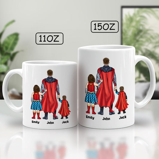 Best dad ever custom mug showing a father and two children in superhero costumes with names Emily John Jack