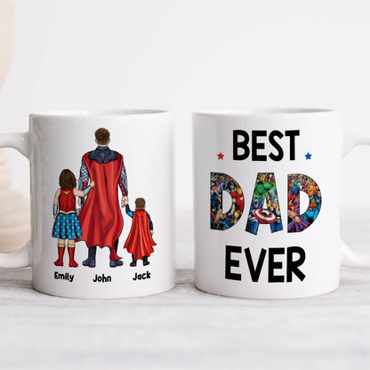 Best dad ever custom mug with superhero design and personalized names Emily John Jack