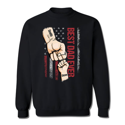Black sweatshirt with best dad ever custom t-shirt design featuring fist bump and American flag
