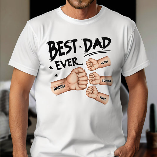 White Best Dad Ever gift idea T-shirt with personalized fist bump graphic for daddy and kids