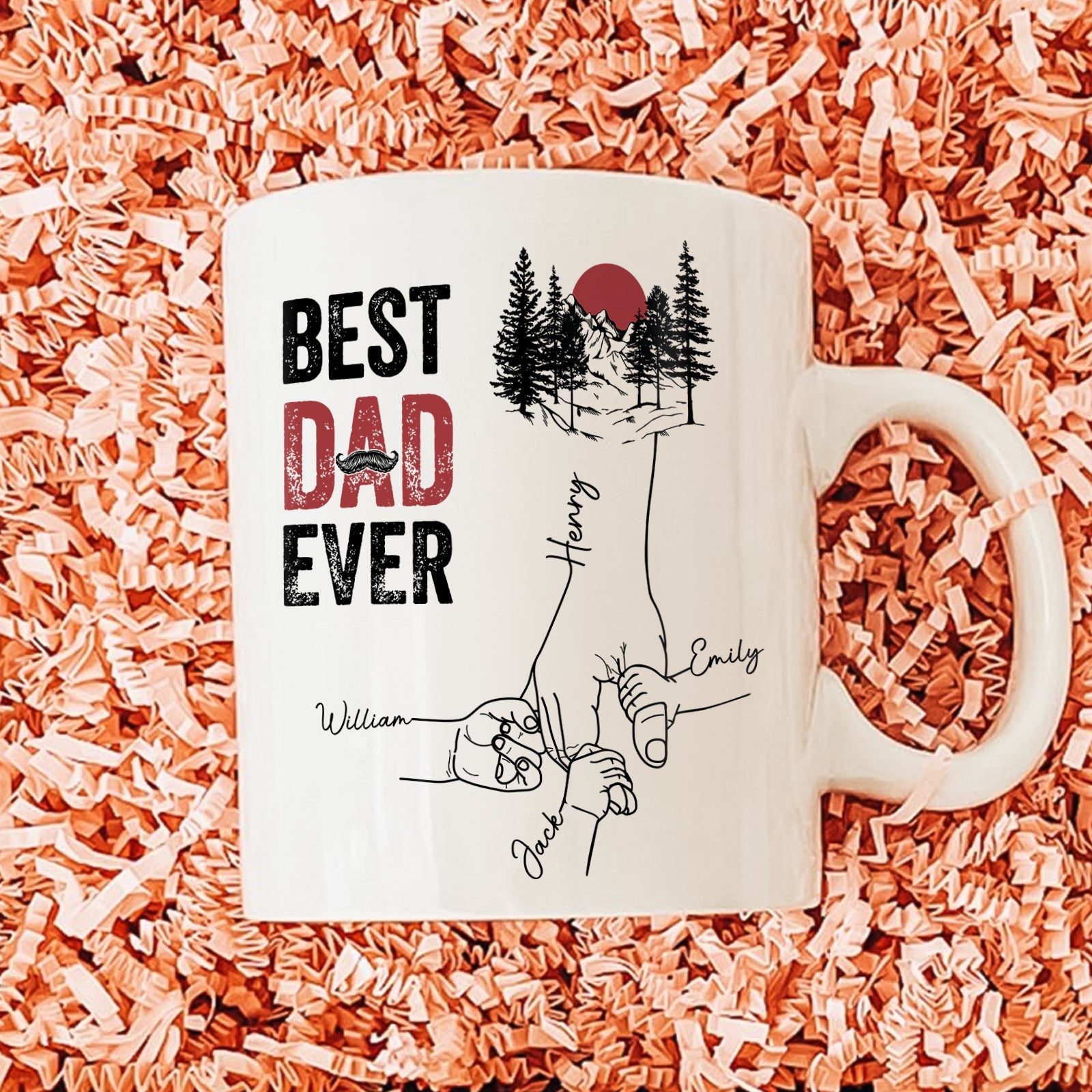 Ceramic coffee mug featuring the phrase best dad ever gift mug with a nature design and family names