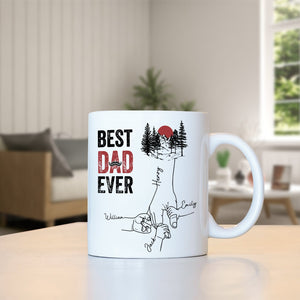 Ceramic mug featuring the phrase best dad ever gift mug with a nature-themed design and personalized names