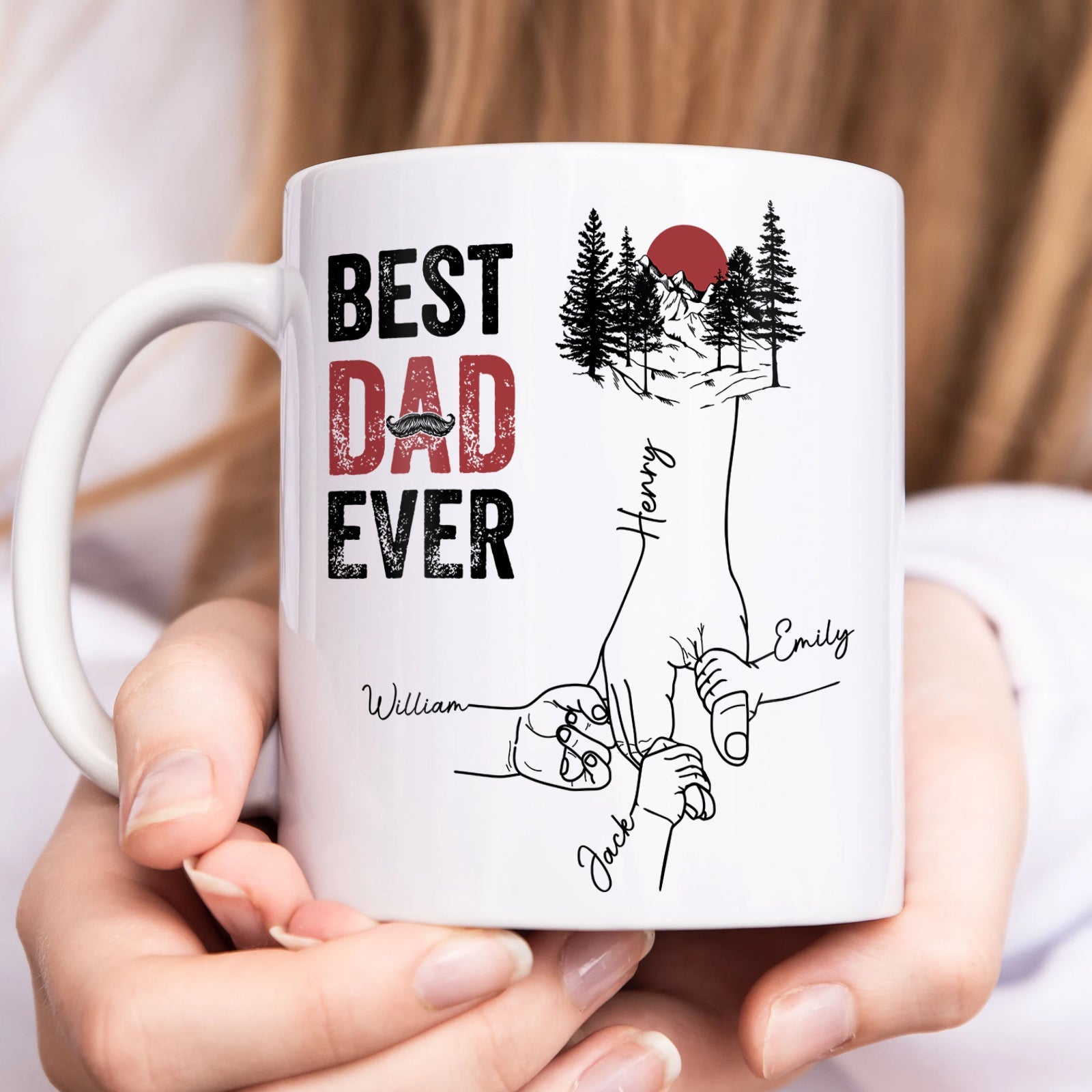 Best dad ever gift mug featuring a nature scene and family names for a thoughtful present
