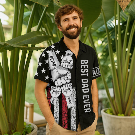 Smiling man wearing the best dad ever Hawaiian shirt with personalized names and fist bump design