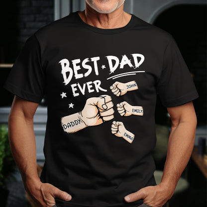 Best dad ever personalized clothing gift black t-shirt with fist bump design and custom names