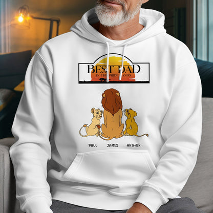 White hoodie with Best Dad in the Pride Lands gift design featuring a lion family and personalized names