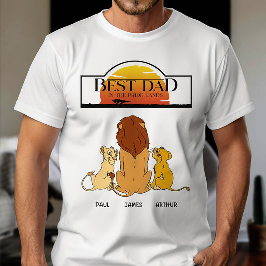 White t-shirt featuring Best Dad in the Pride Lands gift design with lion family and personalized names