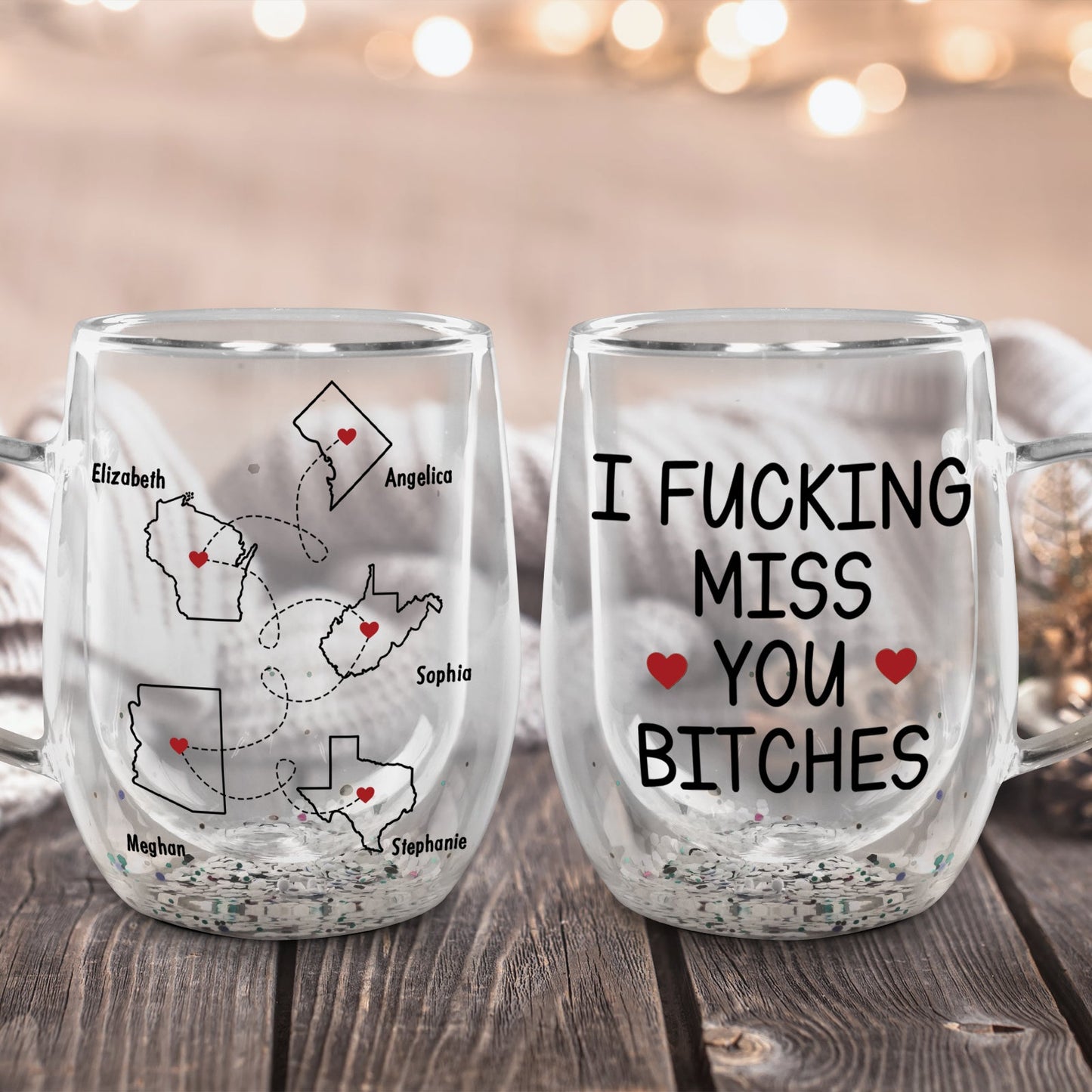 Personalized glass mug with map design and text I F***ing Miss You Bitches, perfect for best friend birthday gift ideas