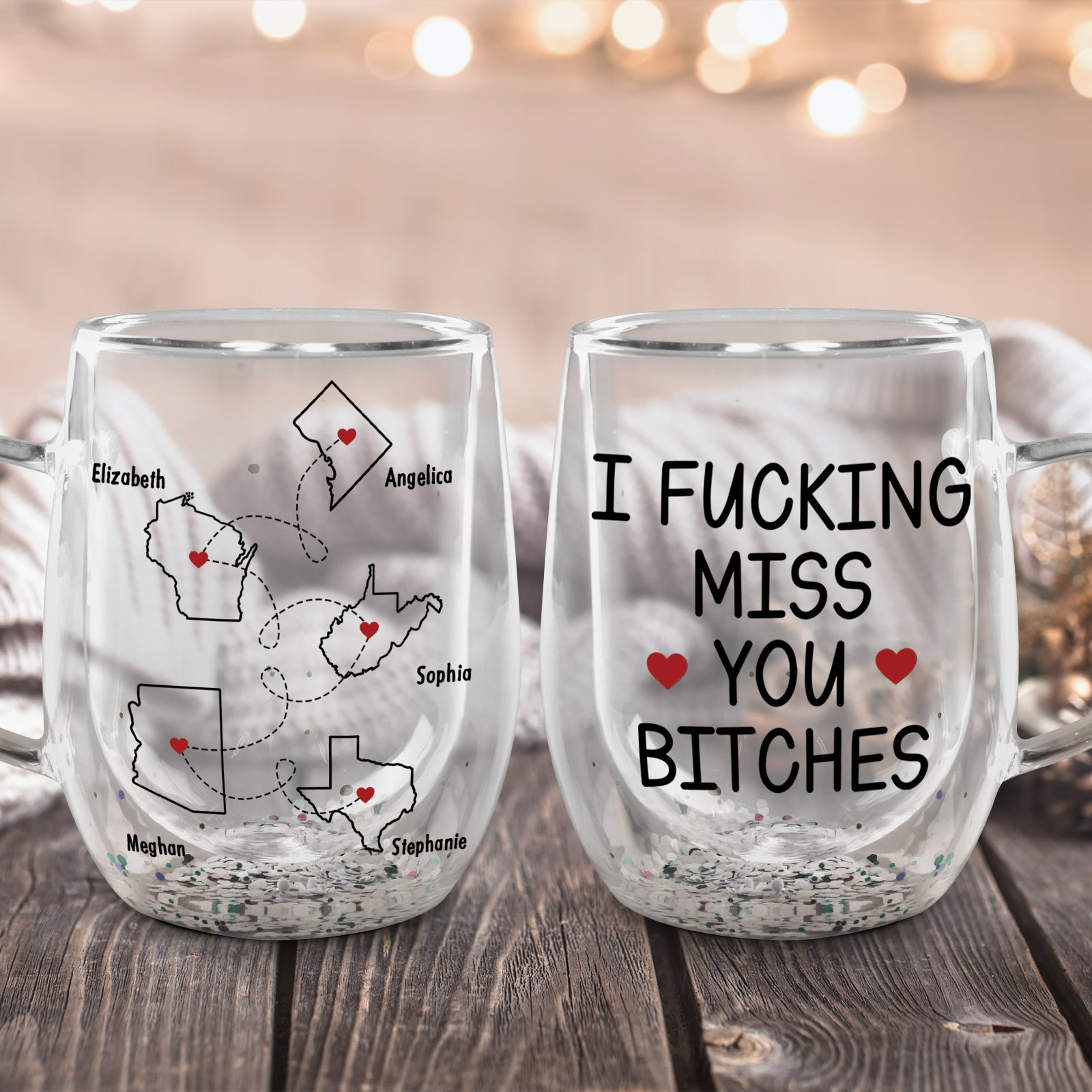 Personalized glass mug with map design and text I F***ing Miss You Bitches, perfect for best friend birthday gift ideas