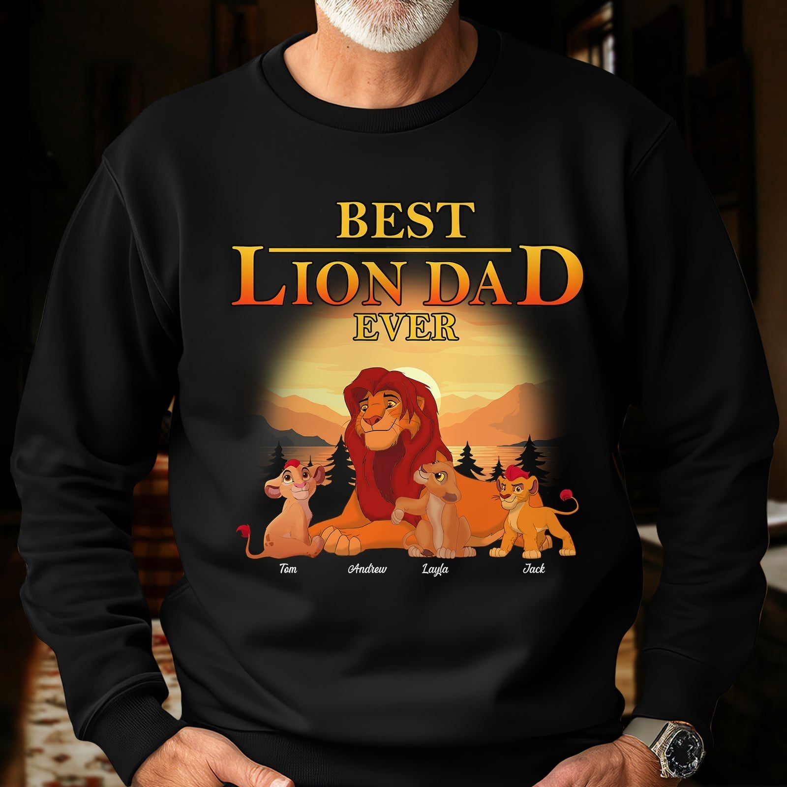 Black sweatshirt featuring best lion dad ever t-shirt design with lion and cubs at sunset
