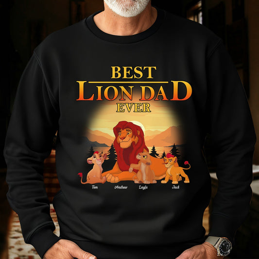 Black sweatshirt featuring best lion dad ever t-shirt design with lion and cubs at sunset