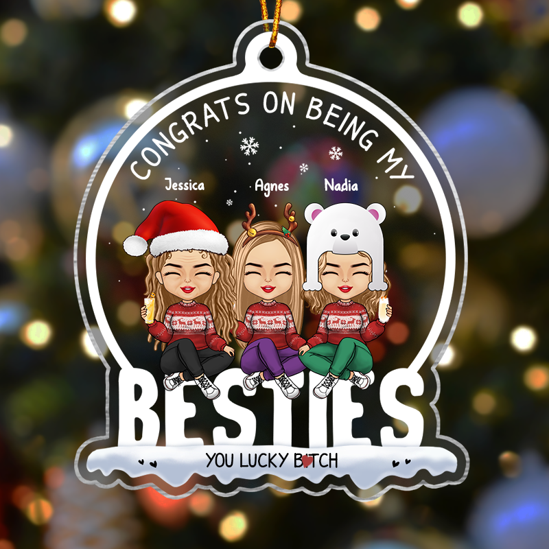 personalized best friend ornament showing three cartoon friends in holiday sweaters with names Jessica Agnes Nadia