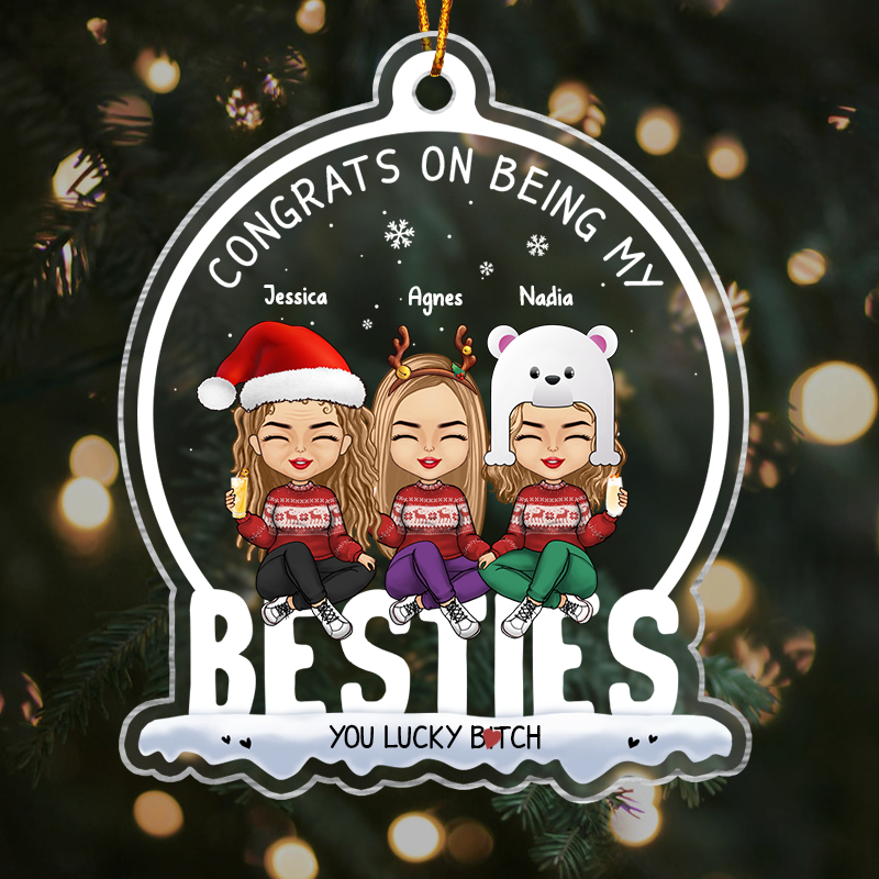 personalized best friend ornament showing three cartoon women in holiday sweaters with names Jessica Agnes Nadia