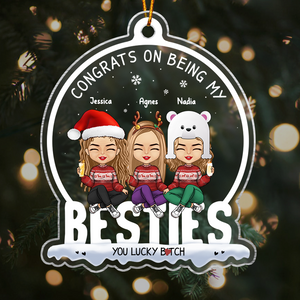 personalized best friend ornament showing three cartoon women in holiday sweaters with names Jessica Agnes Nadia