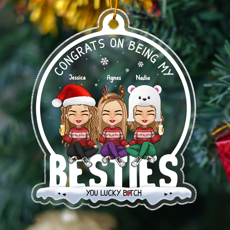 personalized best friend ornament featuring three cartoon friends in holiday sweaters with custom names
