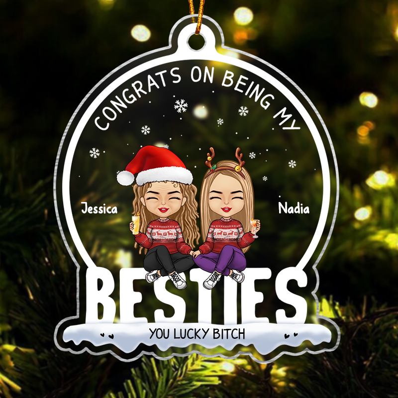 365Gifty personalized best friend ornament showing two cartoon friends in holiday sweaters with names Jessica and Nadia