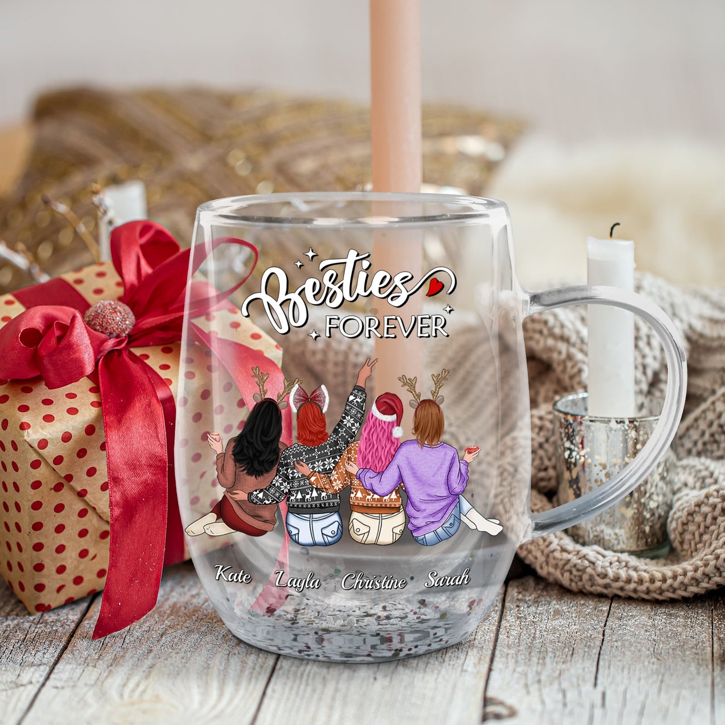 double wall glass mug for bestie Besties Forever design with four friends illustration and personalized names