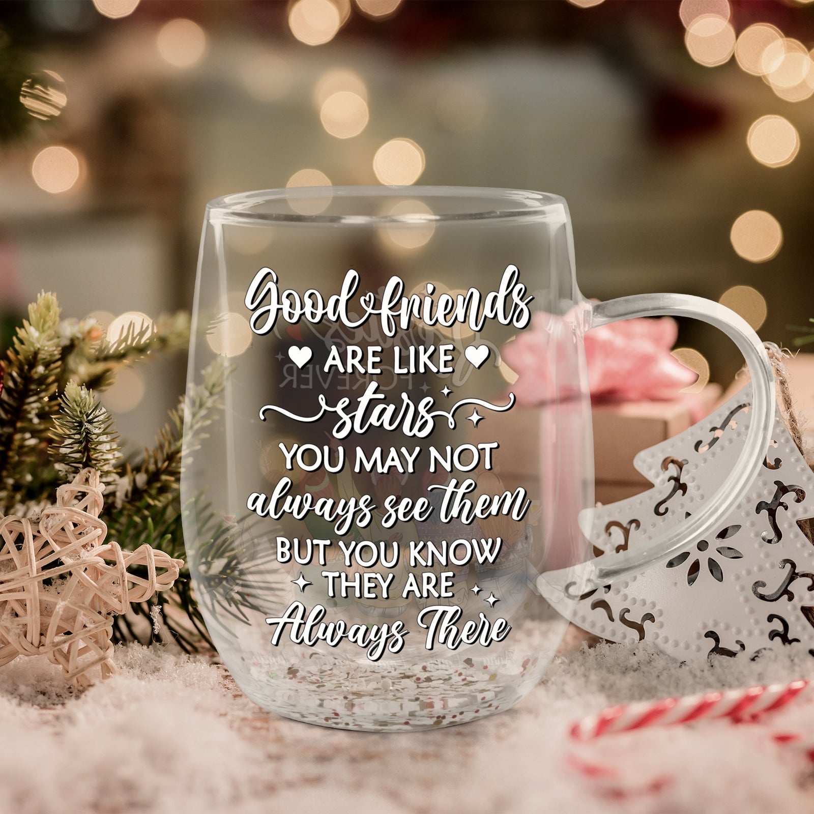 365Gifty double wall glass mug for bestie with Good friends are like stars quote in festive holiday setting