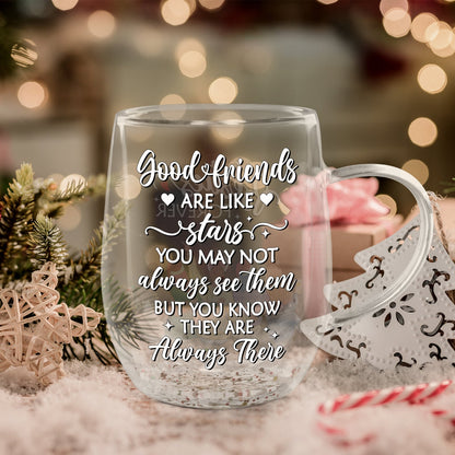 365Gifty double wall glass mug for bestie with Good friends are like stars quote in festive holiday setting