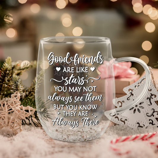 365Gifty double wall glass mug for bestie with Good friends are like stars quote in festive holiday setting