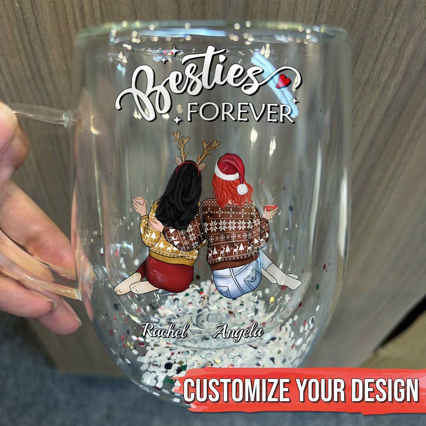 365Gifty double wall glass mug for bestie with Besties Forever design two friends in holiday sweaters