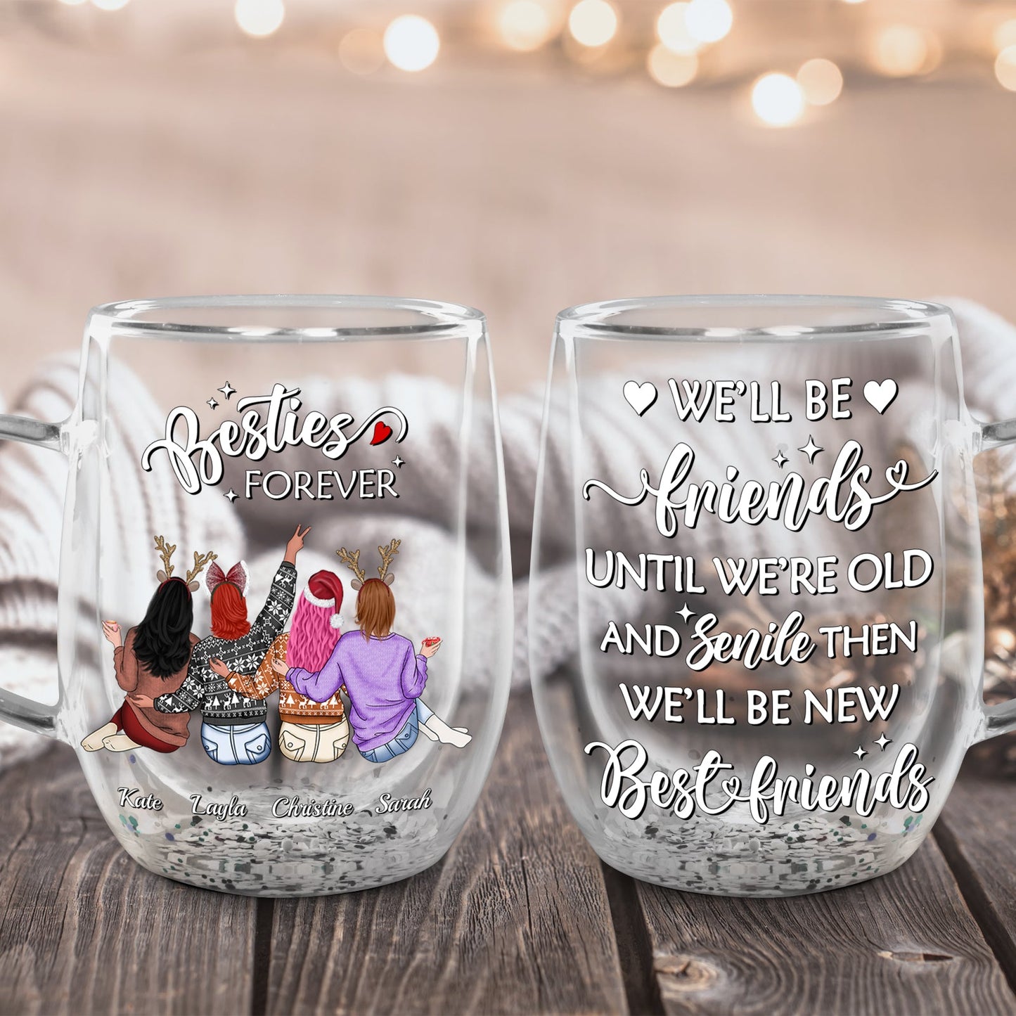 365Gifty double wall glass mug for bestie set featuring friends illustration and sentimental quote
