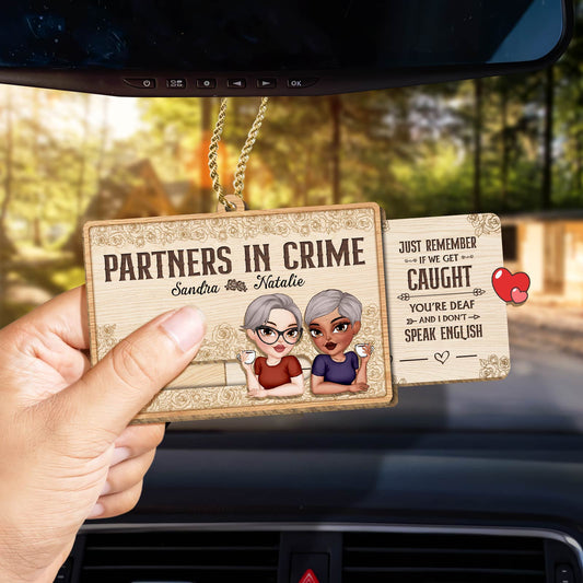 365Gifty custom bestie slider card hanging from car mirror reading Partners in Crime with two cartoon avatars