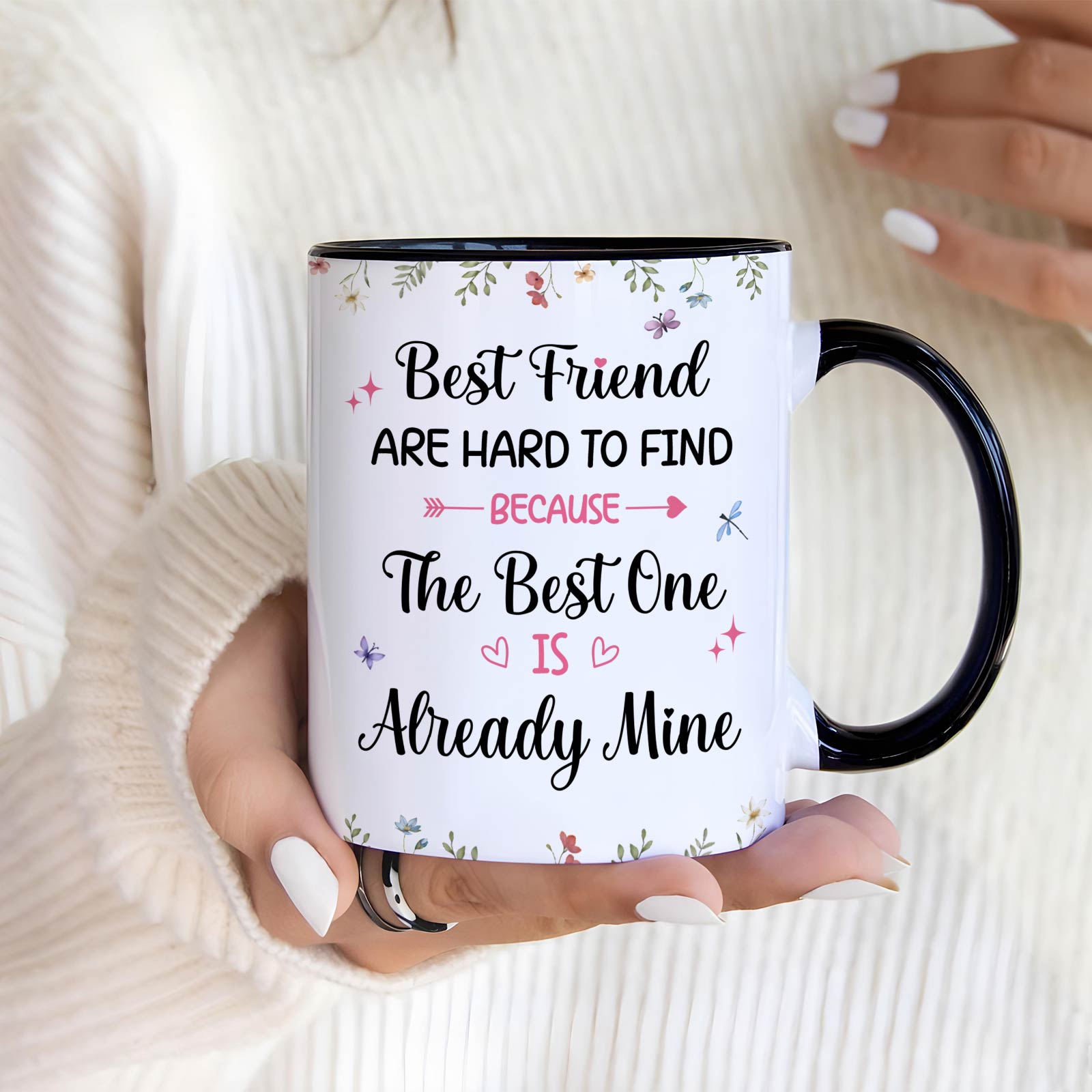 White ceramic personalized best friend mug with black handle floral border and sentimental friend quote