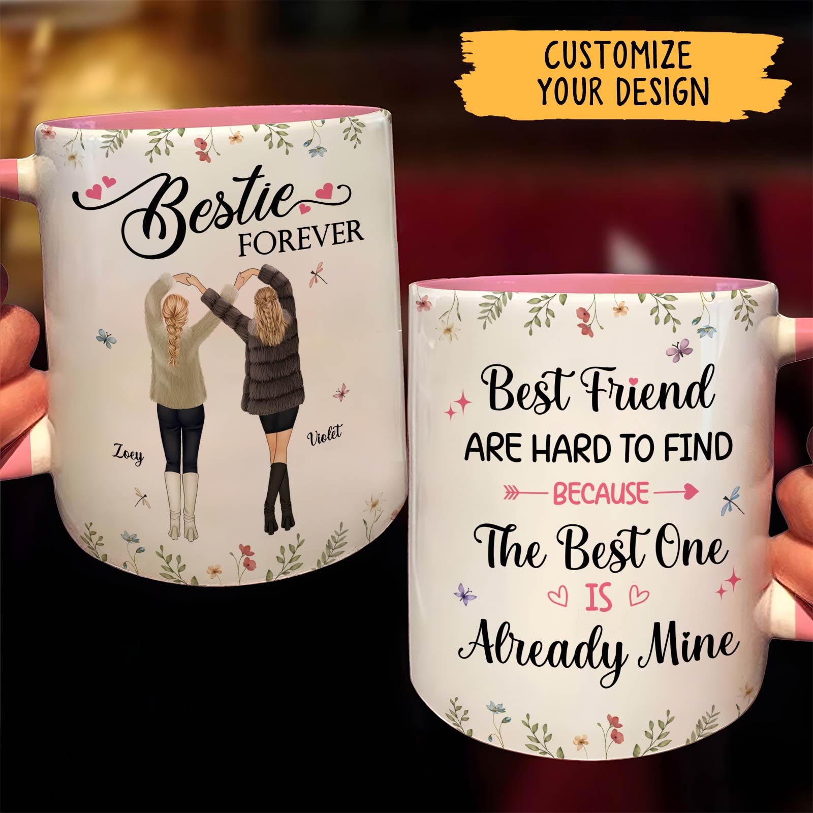 365Gifty floral white ceramic personalized best friend mug set with pink interior and Bestie Forever design