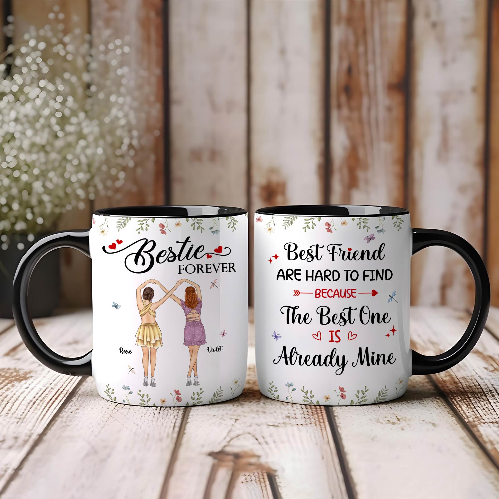 365Gifty personalized best friend mug set two white ceramic mugs with black handles Bestie Forever design