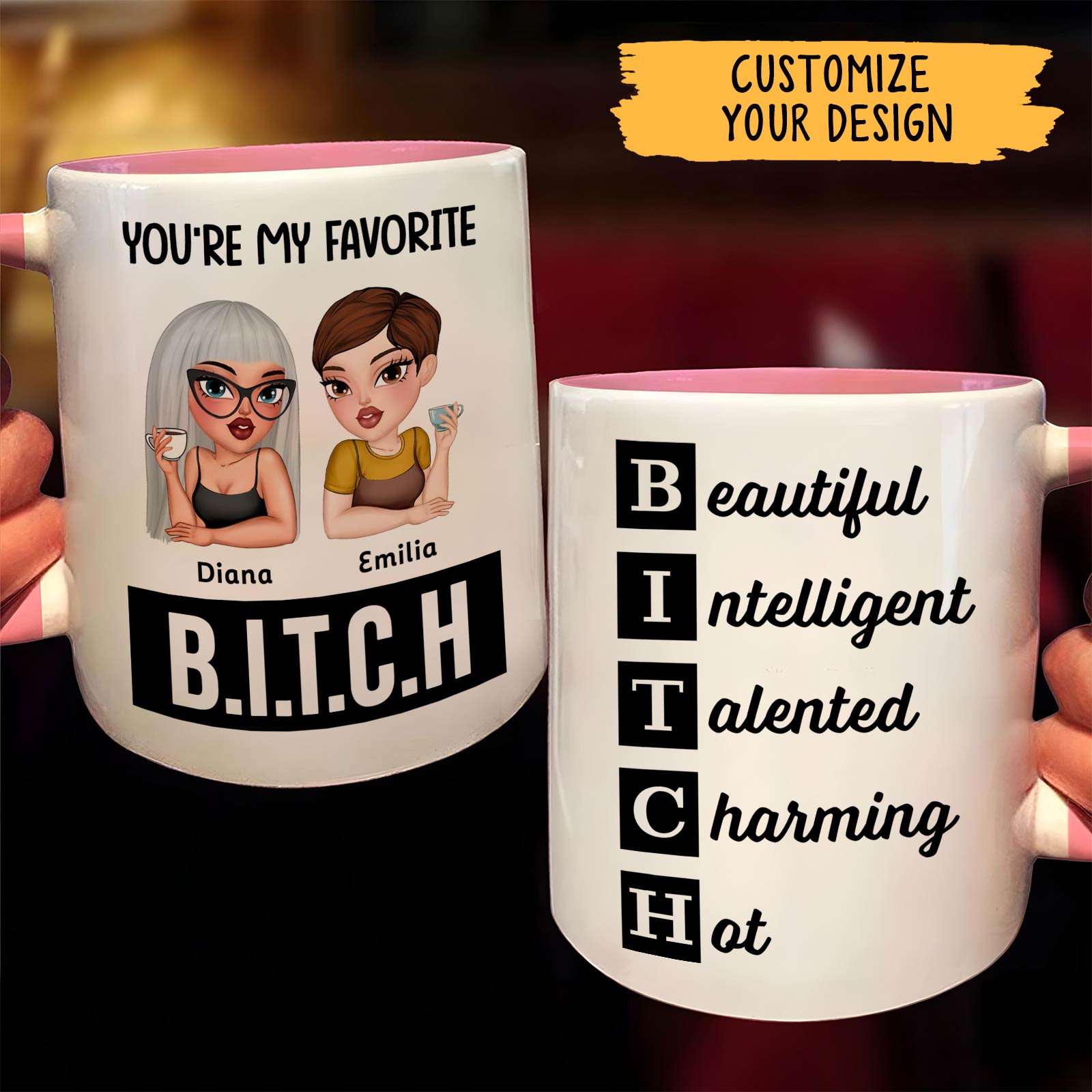 365Gifty personalized besties mug set two white pink interior mugs with custom cartoon avatars and cheeky B I T C H design