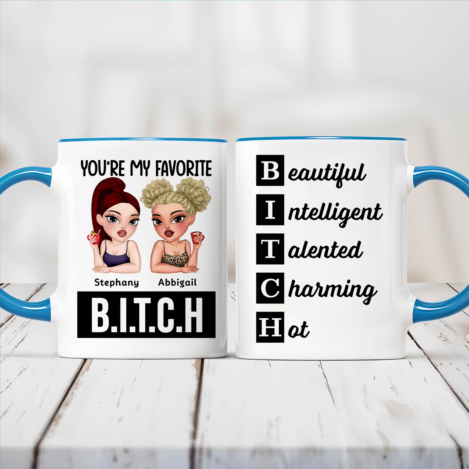 365Gifty personalized besties mug two white ceramic mugs with blue handles cartoon twin friends names and BITCH acrostic