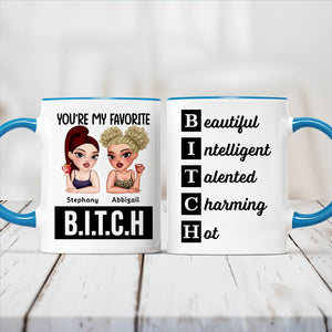 365Gifty personalized besties mug two white ceramic mugs with blue handles cartoon twin friends names and BITCH acrostic