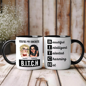 White ceramic personalized besties mug pair with black handles showing cartoon avatars and playful B I T C H acronym