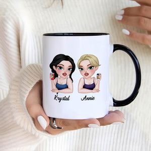 personalized best friend mug showing white ceramic mug with two cartoon women labeled Krystal and Annie holding drinks