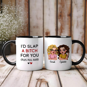 White personalized best friend mug with black handle featuring funny slap a bitch quote and custom cartoon portraits
