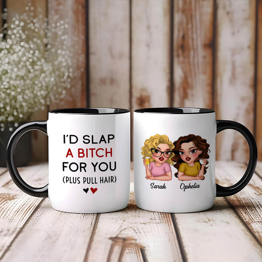 White personalized best friend mug with black handle featuring funny slap a bitch quote and custom cartoon portraits