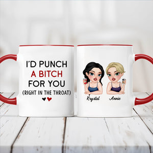 personalized best friend mug white ceramic with red handles showing funny quote and two custom avatars named Krystal and Annie