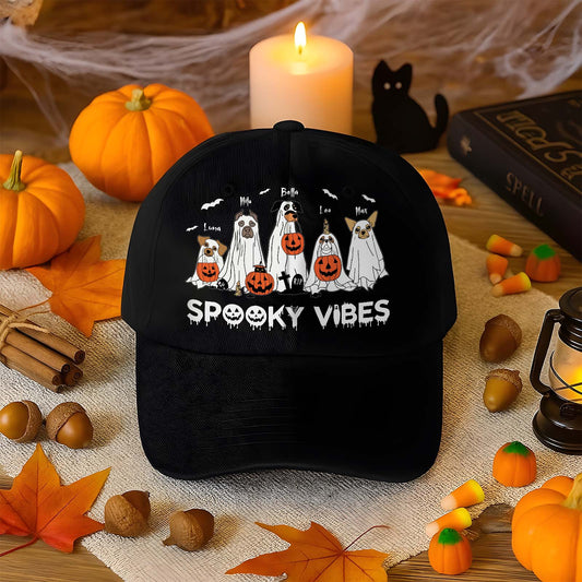Black cap with spooky ghost dogs and pumpkins design Halloween gift for dog lovers with candle and pumpkins background