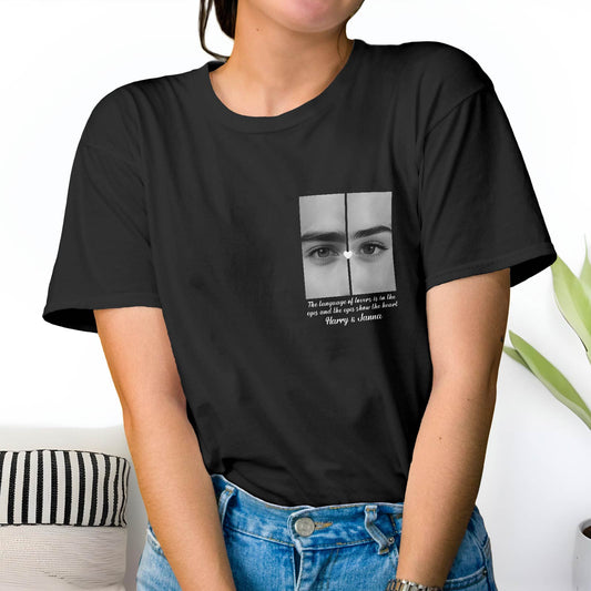 Black personalized couple shirts with custom eye design and names Harry and Joanna printed on the front