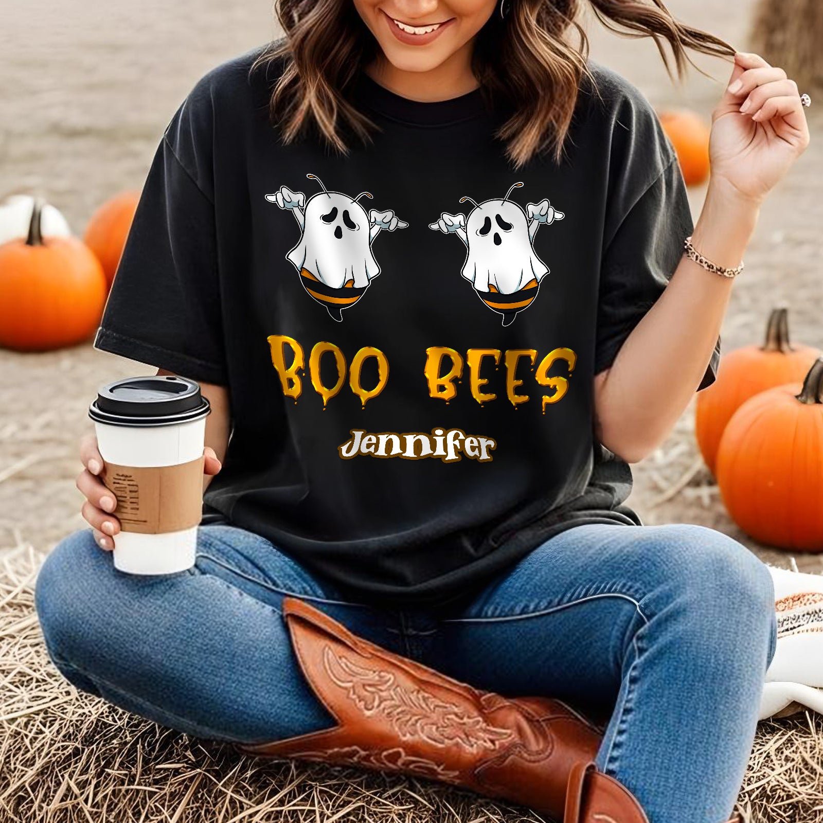 Personalized Halloween t-shirt for women with Boo Bees ghost design and custom name Jennifer