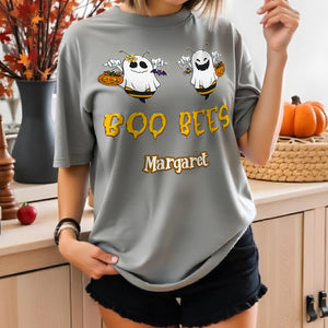 Gray personalized Halloween t-shirt for women with Boo Bees ghost bee design and customizable name