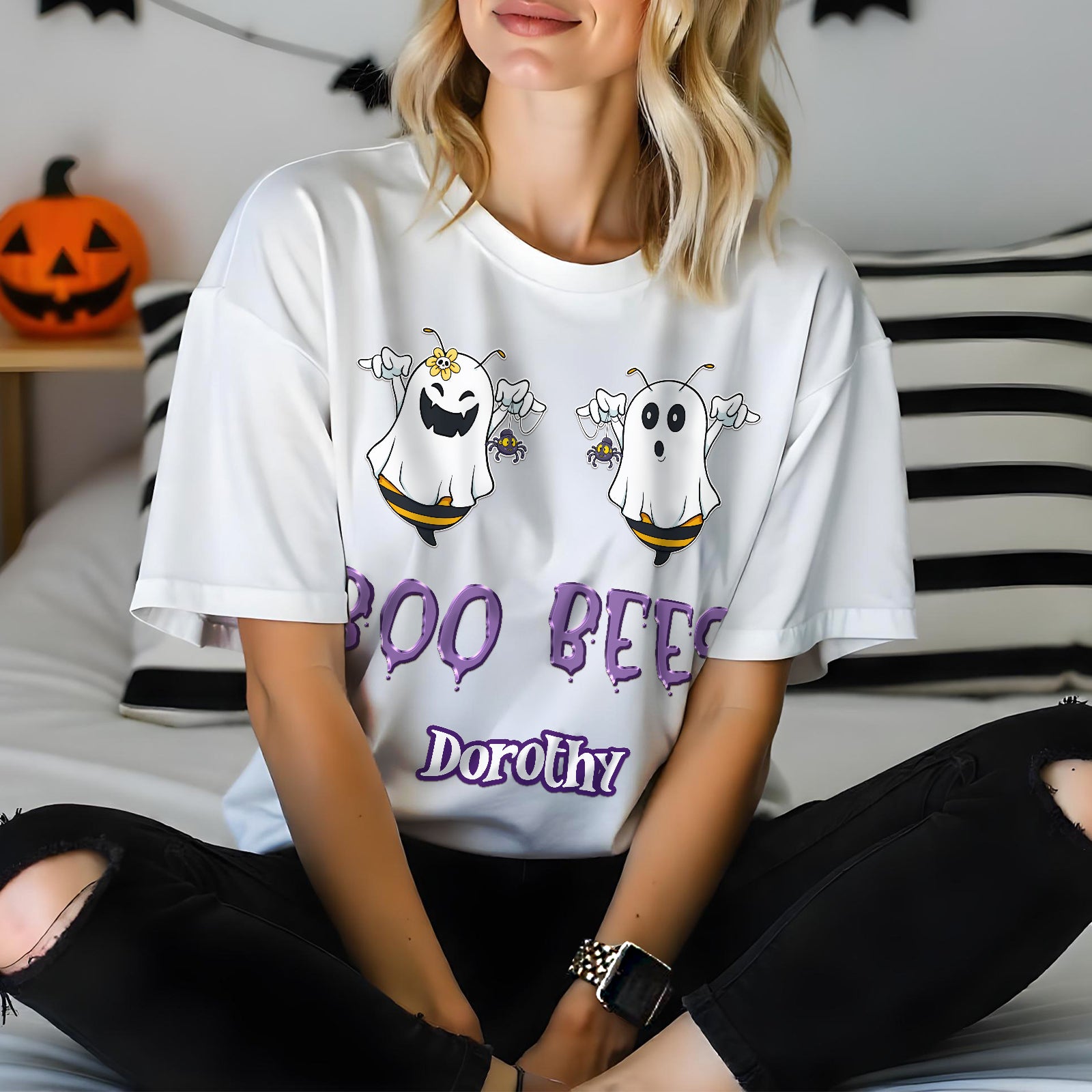 White personalized Halloween t-shirt for women with cute ghost bees and name Dorothy design