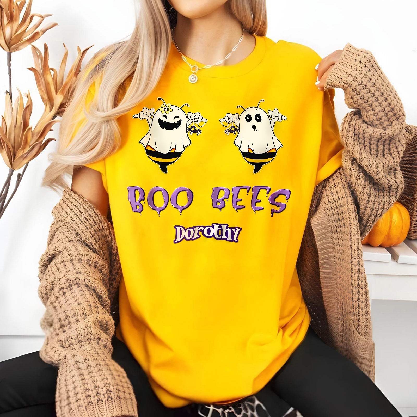 Yellow personalized Halloween t-shirt for women with cute ghost bee design and Boo Bees text