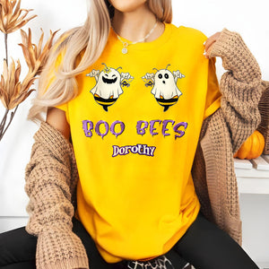 Yellow personalized Halloween t-shirt for women with cute ghost bee design and Boo Bees text