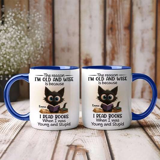 365Gifty funny personalized accent mug for bookworms white ceramic mug with blue rim owl reading book and name Emma